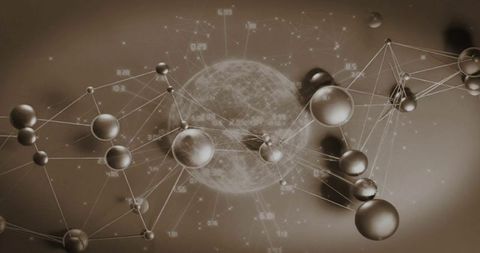 Rotating textured globe connecting metallic spheres through network lines and data nodes