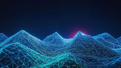 Neon Wireframe Mountain Range Undulating in Futuristic 3D Mesh with Glowing Vertices