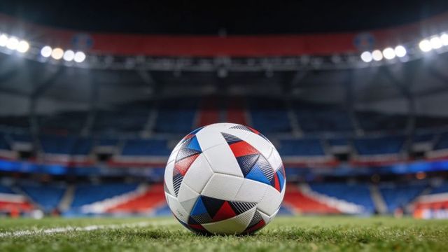 Closeup soccer ball with red blue black panels sitting on grass under stadium lights at night