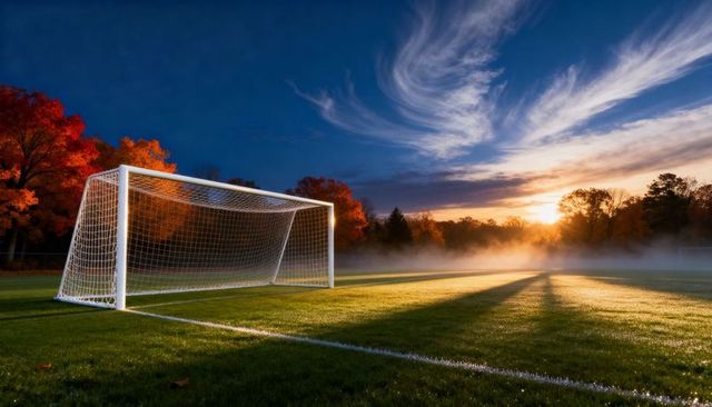 Dewy soccer goal at sunrise casting long shadows across misty autumn field and trees