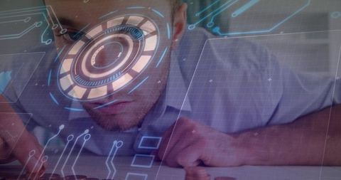 Focused professional analyzing HUD overlay on keyboard with circuit and data interface