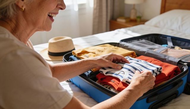 Senior woman packing suitcase for summer trip, organizing clothes and hat on sunlit bed