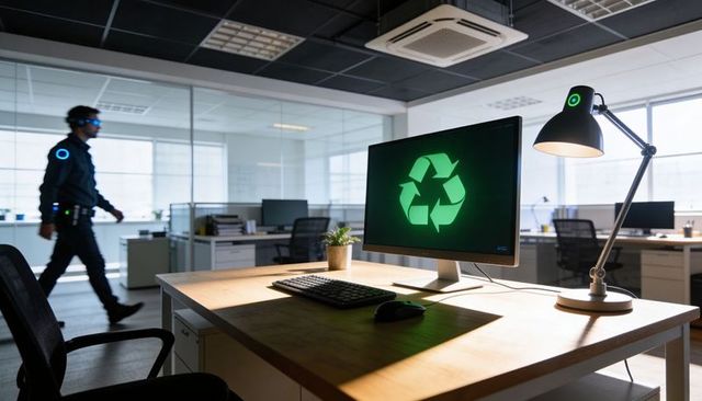 Green recycling icon on desktop monitor in modern office with security tech patrol