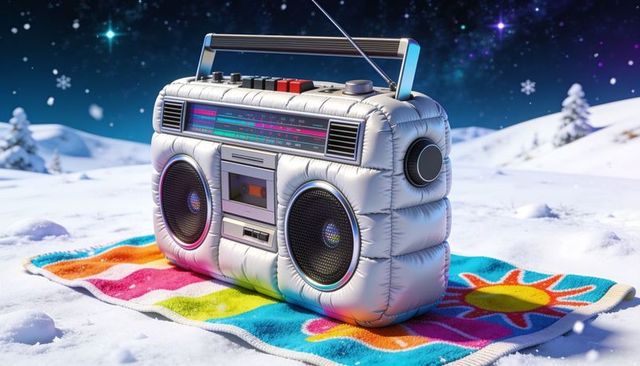Quilted metallic boombox sitting on snowy field wearing silver puffer on floral towel