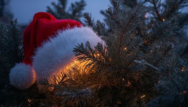 Santa Hat Nestled in Frosted Pine Branches with Warm Twinkle Lights at Winter Dusk