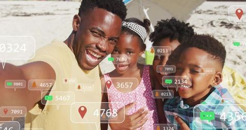 Family taking selfie on sunny beach with social media notifications and location tags