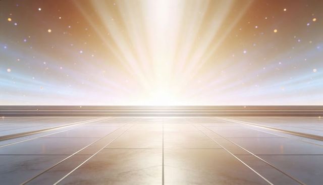 Futuristic sunburst horizon radiating across reflective tiled floor with metallic seams