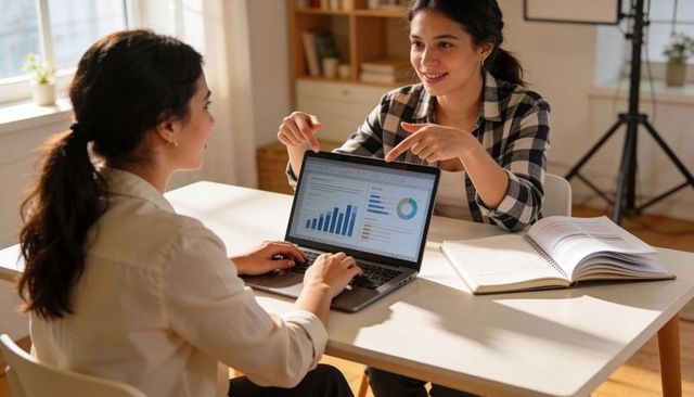 Two Women Collaborating, Pointing at Laptop Charts and Typing in Bright Home Office