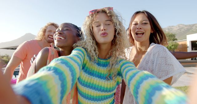 Group of Friends Taking Selfie at Outdoor Pool Party - Download Free Stock Images Pikwizard.com