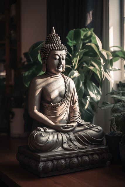 Buddha statue seated in meditation posture surrounded by vibrant indoor plants bathed in sunlight. Ideal for promoting calmness, spiritual themes, meditation practices, or home decor inspirations.