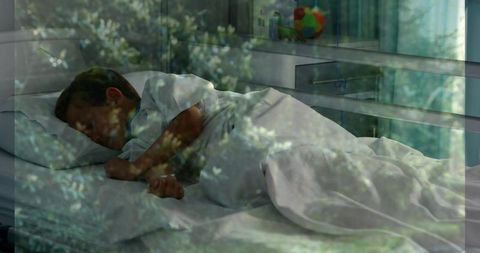 Dreamlike double exposure sleeping child with nature reflection in serene nursery