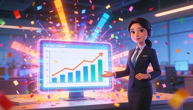 Asian business presenter celebrating rising sales with neon holographic chart and confetti