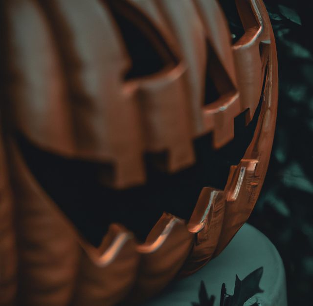 Image of close up of halloween decoration with scary carved pumpkin. Halloween festivity, celebration, culture and tradition concept.