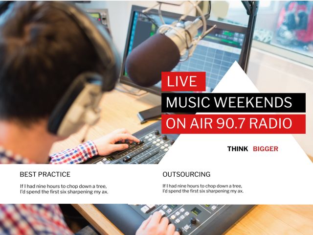 Perfect for promoting radio shows and podcasts, this image features a radio host broadcasting live in a studio equipped with a microphone and soundboard. It highlights the energy and professionalism involved in live music weekends and on-air segments. Ideal for marketing campaigns, social media posts, and promotional material for radio stations or podcast networks.