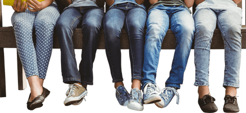 Transparent group of young people sitting on bench with casual footwear