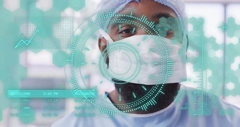 Surgeon analyzing holographic hud medical data in futuristic operating room wearing mask