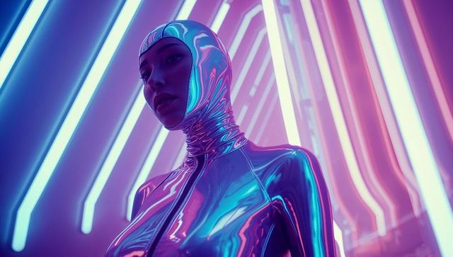 Futuristic woman in metallic bodysuit with neon glow