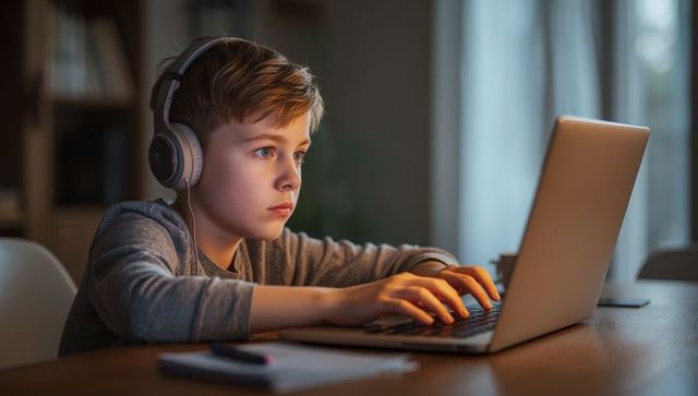 Focused boy in headphones typing on laptop at home study area
