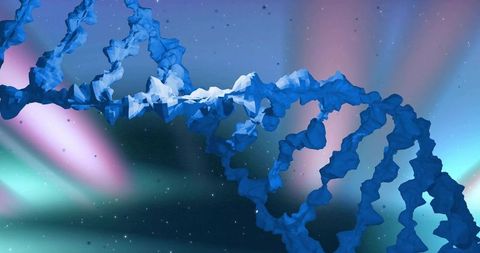 Twisting crystalline dna helix floating across cosmic aurora with neon stars, abstract gradients