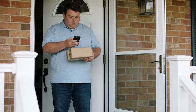 Man checking delivery on smartphone while holding package on residential brick front porch