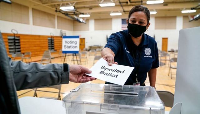 Poll worker handing spoiled ballot into clear ballot box in school gym voting station