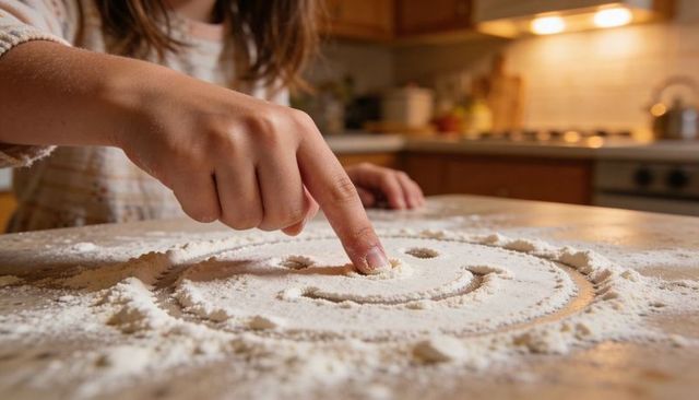 Child tracing spiral in flour on kitchen counter playful baking activity closeup