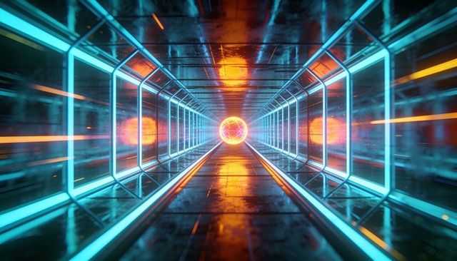 Neon futuristic corridor leading to glowing energy sphere, cyan frames, reflective metallic floor
