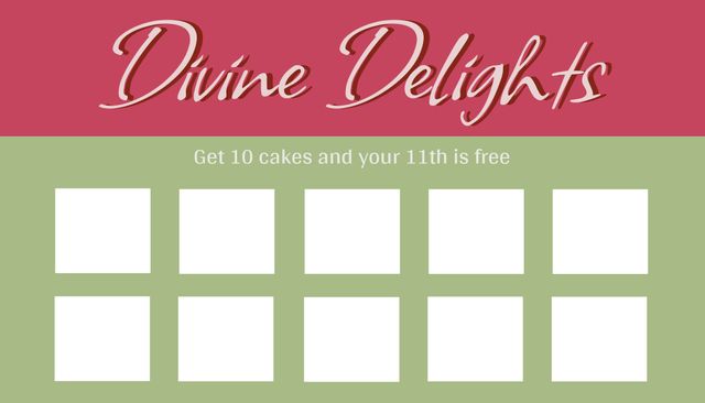 Enhance customer loyalty with this attractive bakery loyalty card template. Perfect for bakeries and pastry shops offering rewards to frequent customers. Use this template to encourage repeat business by offering a free cake after purchasing ten cakes. Ideal for customizing with store details and logos.