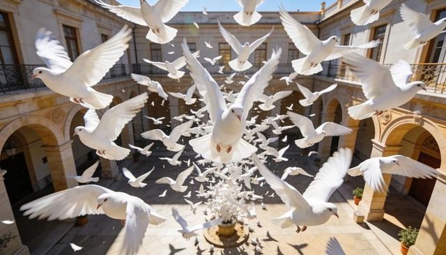 Flock of white doves soaring over sunlit stone courtyard with fountain and arches