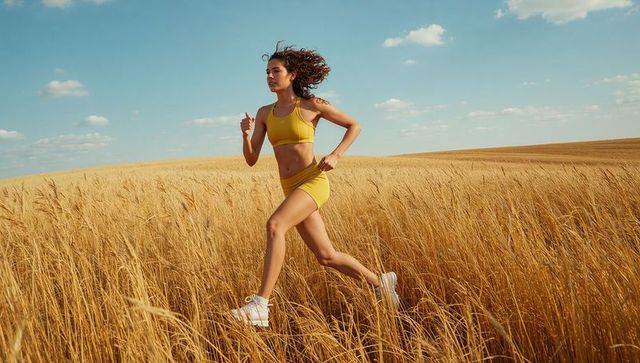 Sprinting woman in yellow activewear across golden wheat field under blue sky
