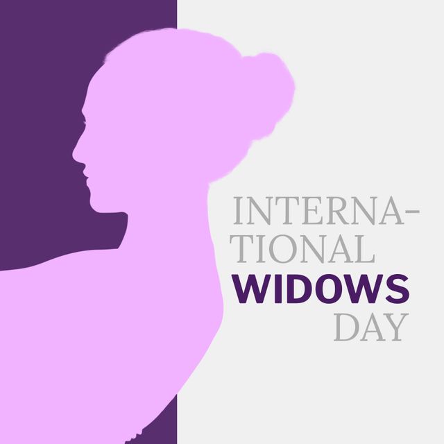 Illustration celebrating International Widows Day with a woman's silhouette profile on a purple and gray background. Suitable for use in social media posts, awareness campaigns, cards, posters, and informational leaflets advancing support and recognition for widows.