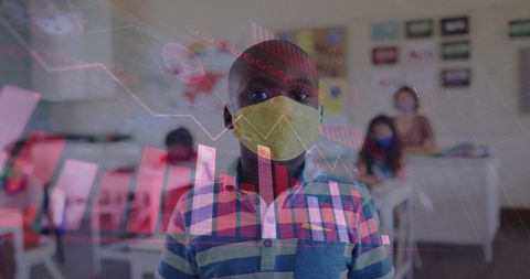 Masked Schoolboy in Classroom with Virtual Statistics Interface