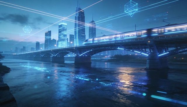Neon-lit high-speed train crossing futuristic arched bridge with holographic data streams