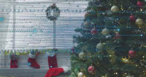 Digital Glitch Over Festive Holiday Scene with Christmas Tree