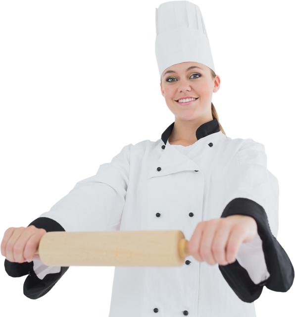 Smiling Caucasian Female Chef Holding Rolling Pin Transparent Background - Download Free Stock Videos Pikwizard.com