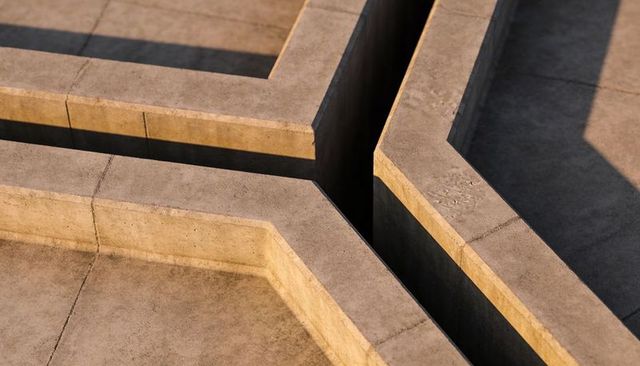Sunlit Geometric Concrete Ledges Casting Bold Shadows Over Recessed Channels, Minimalist