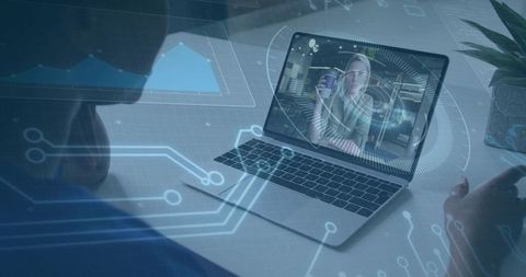 Remote team connecting via laptop with presenter and digital dashboard overlays