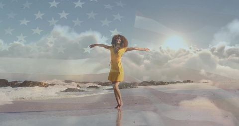 Joyful Woman Twirling on Beach with American Flag Overlay