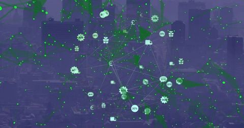 Urban Digital Network Connecting Commerce and Data Streams over Hazy City Skyline Neon Mesh