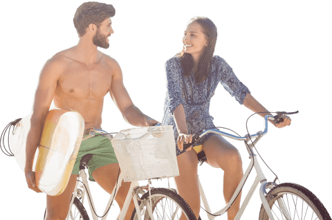 couple smiling while cycling with surfboard on transparent background - Download Free Stock Videos Pikwizard.com