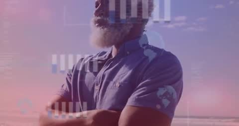 Senior Man on Beach Surrounded by Future Data Analytics Display