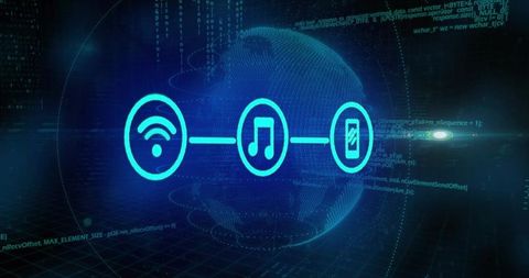 Neon wi-fi to smartphone music streaming interface over holographic data globe cyber dashboard