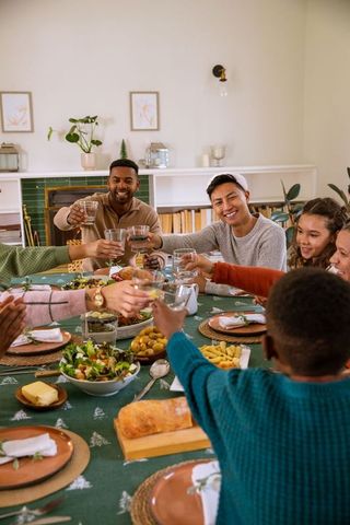 Diverse Friends Toasting Over Dinner Table at Cozy Gathering