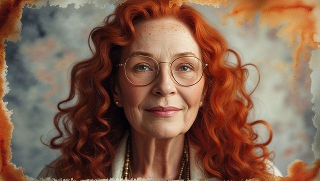 Senior Woman with Red Curly Hair and Round Glasses in Vintage Portrait
