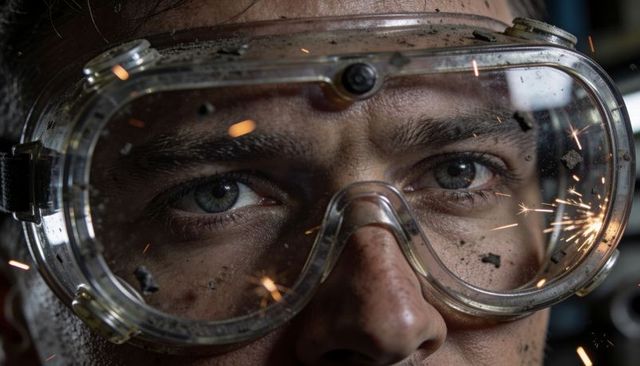 Grinding metalworker wearing scuffed safety goggles, sparks flying, close-up intense gaze