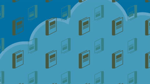 Animated Book Icons Among Clouds on Blue Background