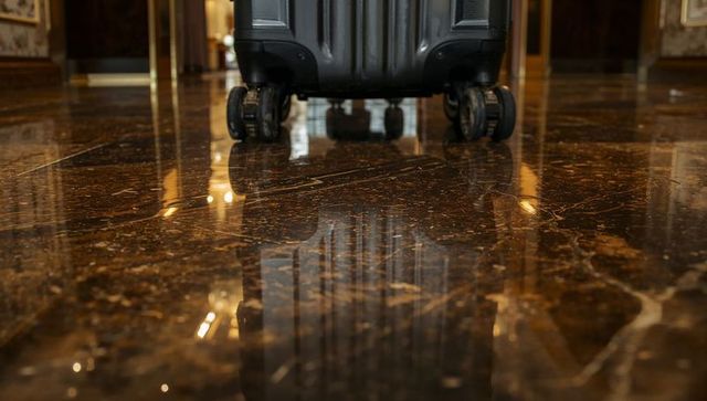 Elegant Suitcase Reflecting on Marble Travel Luxury