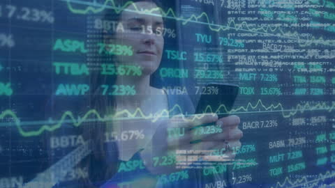 Woman Analyzing Financial Data Overlay with Smartphone
