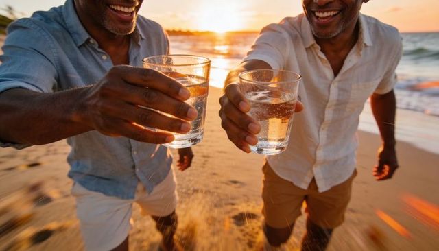 Men running and toasting with glasses on beach at sunset golden hour celebrating friendship