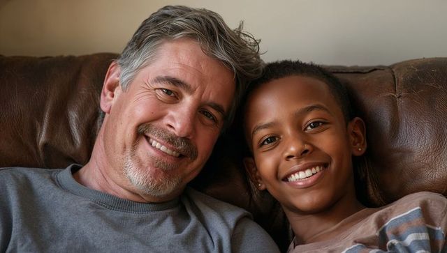 Smiling father and daughter sharing warm moment on leather couch, closeup portrait